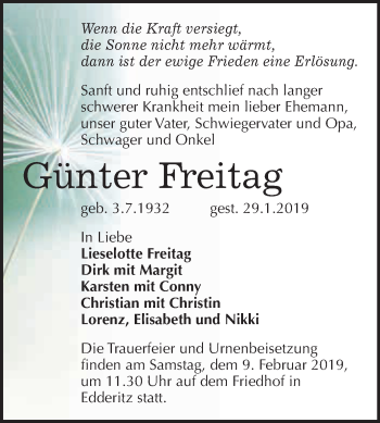 Traueranzeige von Günter Freitag von WVG - Wochenspiegel Dessau / Köthen