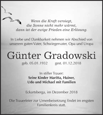 Traueranzeige von Günter Gradowski von WVG - Wochenspiegel NMB / WSF / ZTZ