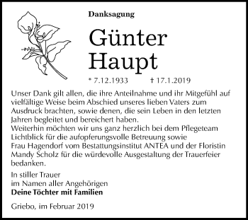 Traueranzeige von Günter Haupt von Mitteldeutsche Zeitung