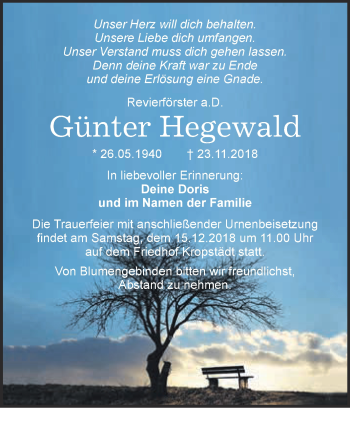 Traueranzeige von Günter Hegewald von WVG - Wochenspiegel Wittenberg