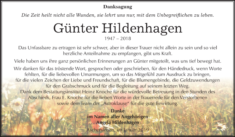  Traueranzeige für Günter Hildenhagen vom 05.01.2019 aus Mitteldeutsche Zeitung Aschersleben