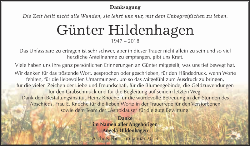  Traueranzeige für Günter Hildenhagen vom 31.12.2018 aus Super Sonntag Aschersleben