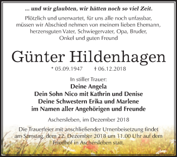 Traueranzeige von Günter Hildenhagen von Mitteldeutsche Zeitung Aschersleben