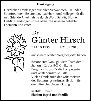 Traueranzeige von Günter Hirsch von Mitteldeutsche Zeitung Halle/Saalkreis