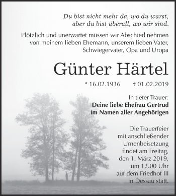 Traueranzeige von Günter Härtel von WVG - Wochenspiegel Dessau / Köthen