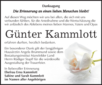 Traueranzeige von Günter Kammlott von Mitteldeutsche Zeitung Mansfelder Land