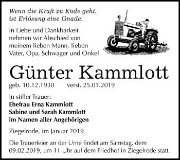 Traueranzeige von Günter Kammlott von Mitteldeutsche Zeitung Mansfelder Land