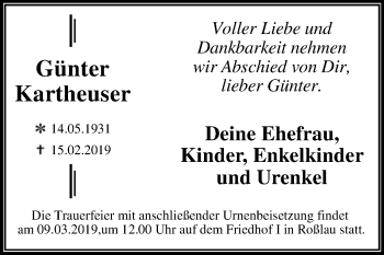 Traueranzeige von Günter Kartheuser von WVG - Wochenspiegel Dessau / Köthen