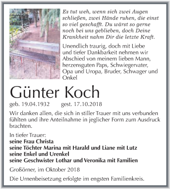 Traueranzeige von Günter Koch von Wochenspiegel Mansfelder Land