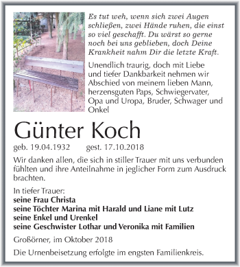 Traueranzeige von Günter Koch von Mitteldeutsche Zeitung Aschersleben