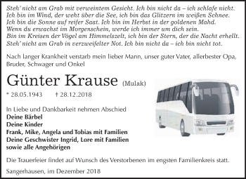 Traueranzeige von Günter Krause von Super Sonntag SGH Mansf. Land