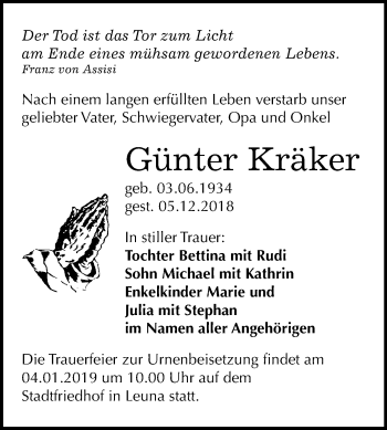 Traueranzeige von Günter Kräker von Mitteldeutsche Zeitung Merseburg/Querfurt