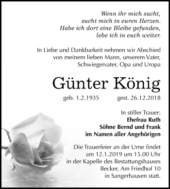 Traueranzeige von Günter König von Super Sonntag SGH Mansf. Land