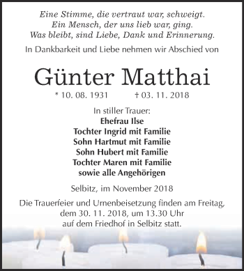 Traueranzeige von Günter Matthai von WVG - Wochenspiegel Wittenberg