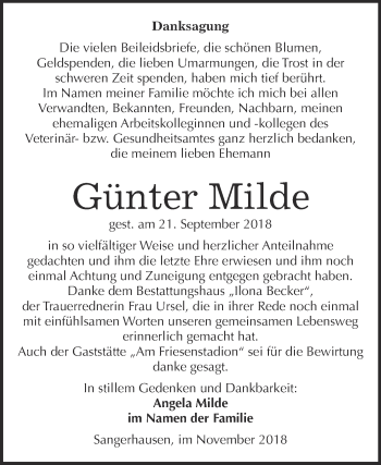 Traueranzeige von Günter Milde von Super Sonntag SGH Mansf. Land