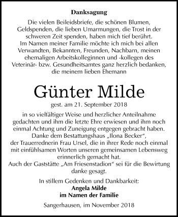 Traueranzeige von Günter Milde von Mitteldeutsche Zeitung Sangerhausen