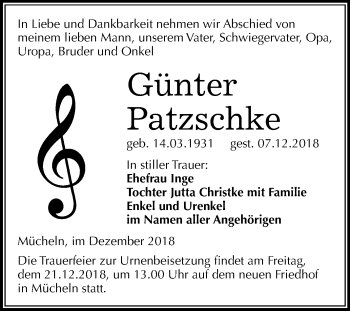 Traueranzeige von Günter Patzschke von Mitteldeutsche Zeitung Merseburg/Querfurt