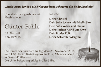 Traueranzeige von Günter Pohle von WVG - Wochenspiegel Dessau / Köthen