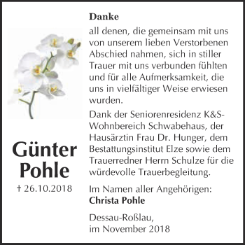 Traueranzeige von Günter Pohle von WVG - Wochenspiegel Dessau / Köthen