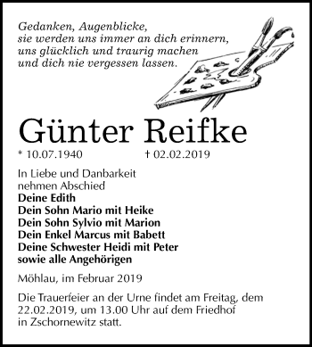 Traueranzeige von Günter Reifke von WVG - Wochenspiegel Wittenberg