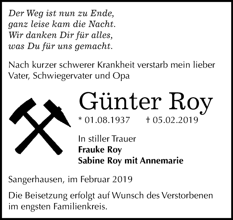  Traueranzeige für Günter Roy vom 09.02.2019 aus Super Sonntag SGH Mansf. Land