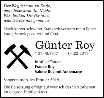 Traueranzeige von Günter Roy von Super Sonntag SGH Mansf. Land