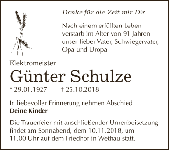 Traueranzeige von Günter Schulze von WVG - Wochenspiegel NMB / WSF / ZTZ