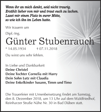 Traueranzeige von Günter Stubenrauch von WVG - Wochenspiegel Bitterfeld