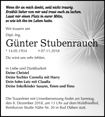 Traueranzeige von Günter Stubenrauch von Mitteldeutsche Zeitung Bitterfeld