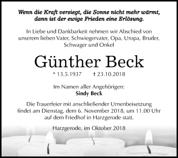 Traueranzeige von Günther Beck von Mitteldeutsche Zeitung Quedlinburg