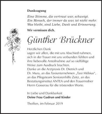 Traueranzeige von Günther Brückner von WVG - Wochenspiegel NMB / WSF / ZTZ