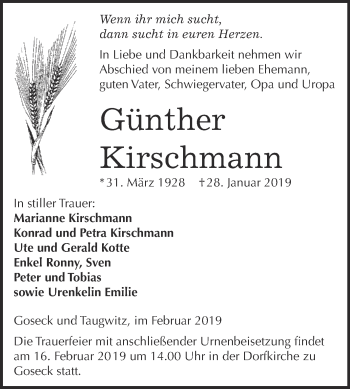 Traueranzeige von Günther Kirschmann von WVG - Wochenspiegel NMB / WSF / ZTZ