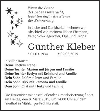 Traueranzeige von Günther Kleber von WVG - Wochenspiegel Wittenberg