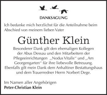 Traueranzeige von Günther Klein von WVG - Wochenspiegel Dessau / Köthen
