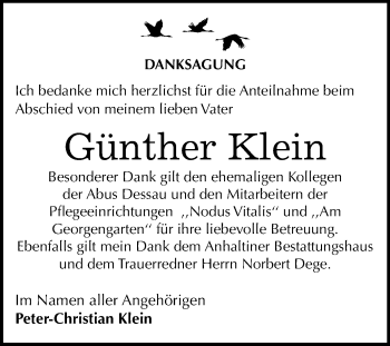 Traueranzeige von Günther Klein von Mitteldeutsche Zeitung Dessau-Roßlau
