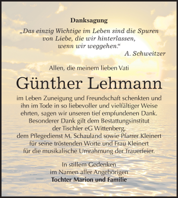 Traueranzeige von Günther Lehmann von Mitteldeutsche Zeitung Wittenberg