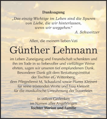 Traueranzeige von Günther Lehmann von WVG - Wochenspiegel Wittenberg