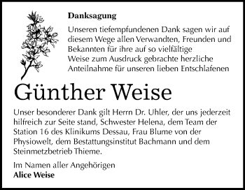 Traueranzeige von Günther Weise von Mitteldeutsche Zeitung Dessau-Roßlau
