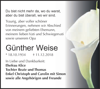 Traueranzeige von Günther Weise von WVG - Wochenspiegel Dessau / Köthen