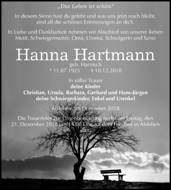 Traueranzeige von Hanna Hartmann von Mitteldeutsche Zeitung Bernburg