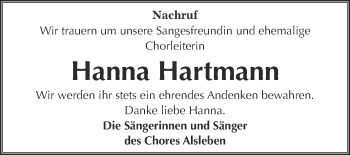 Traueranzeige von Hanna Hartmann von Super Sonntag Bernburg