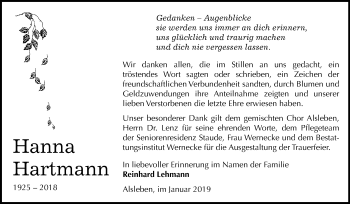 Traueranzeige von Hanna Hartmann von Mitteldeutsche Zeitung Bernburg