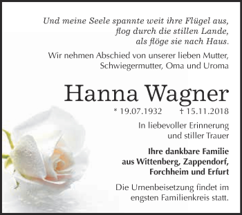 Traueranzeige von Hanna Wagner von Super Sonntag Wittenberg
