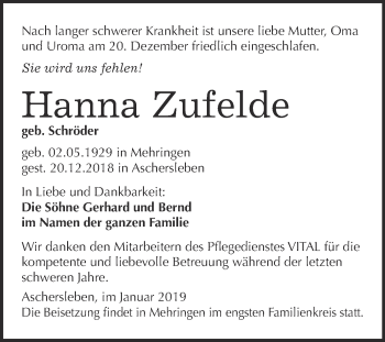 Traueranzeige von Hanna Zufelde von Super Sonntag Aschersleben