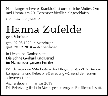 Traueranzeige von Hanna Zufelde von Mitteldeutsche Zeitung Aschersleben