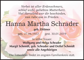 Traueranzeige von Hanna Martha Schrader von Mitteldeutsche Zeitung Aschersleben