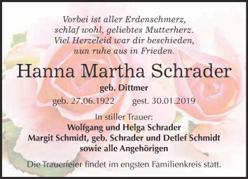 Traueranzeige von Hanna Martha Schrader von Super Sonntag Aschersleben