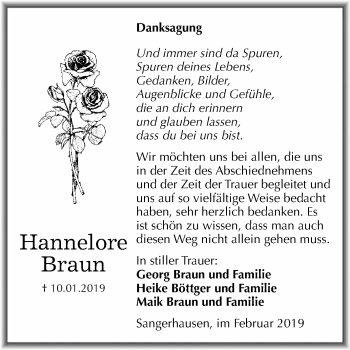 Traueranzeige von Hannelore Braun von Super Sonntag SGH Mansf. Land