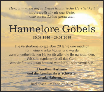 Traueranzeige von Hannelore Göbels von WVG - Wochenspiegel NMB / WSF / ZTZ