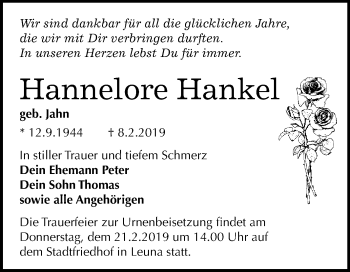 Traueranzeige von Hannelore Hankel von WVG - Wochenspiegel Merseburg